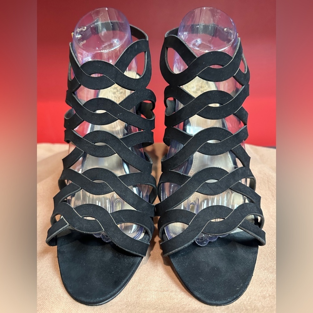 Vince Camuto Slingback Black Suede Woven Look Strappy Sandals Women’s Size 9.5M